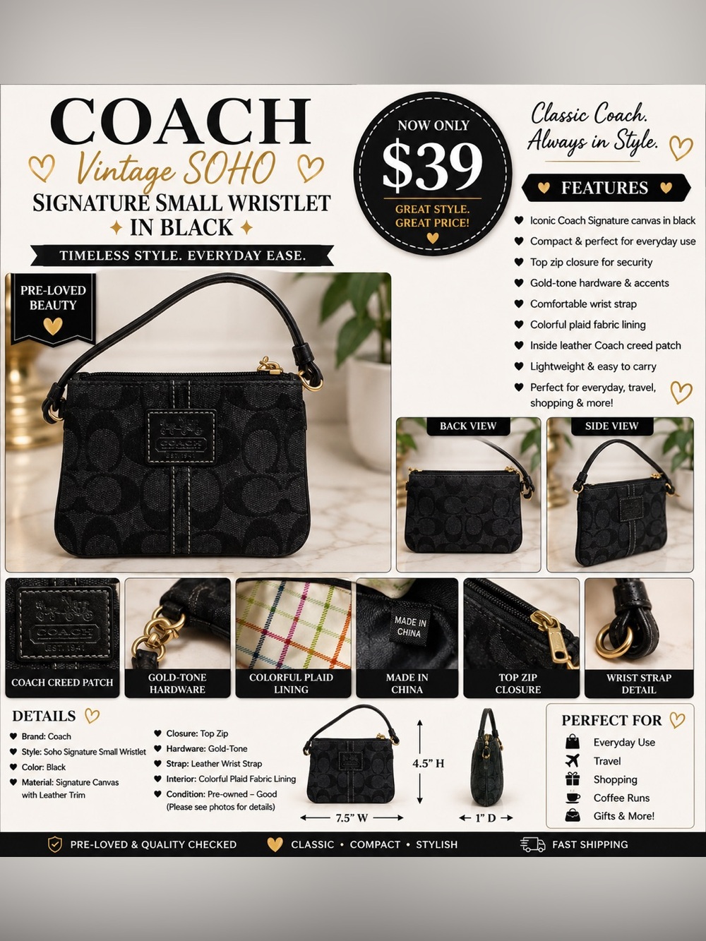 Coach Vintage Soho Signature Small Wristlet – Black